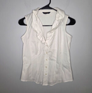 Brooks Brothers white sleeveless collared button-up ruffle blouse petite 0P